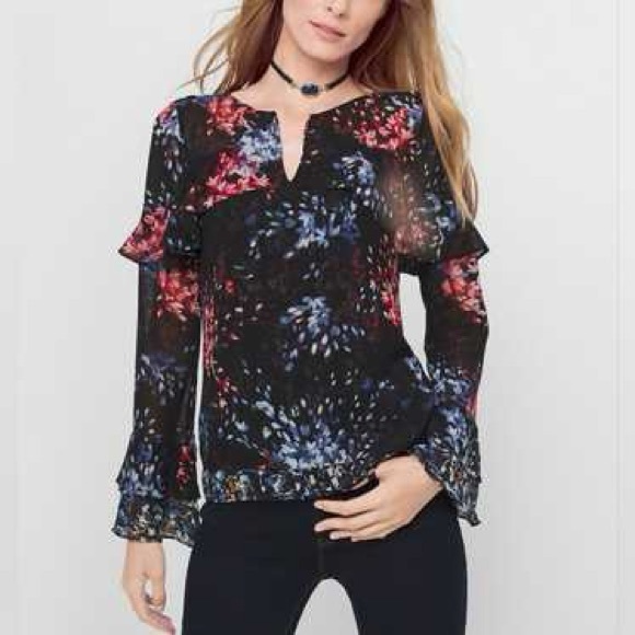 White House Black Market Sheer Floral Ruffle Blouse Long Sleeve Size 2 - Picture 1 of 6